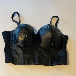 Faux Leather Longline Bustier Bra - Black